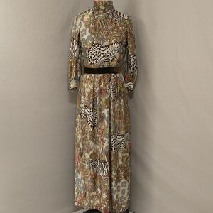 70s Maxi Dress Leopards & Tigers in Flowers Vintage Cat Print Seventies Fab Mod
